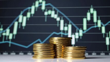 Poster - Gold coins pile up with fluctuating stock market chart in the background, illustrating financial investment growth and volatility in slow motion