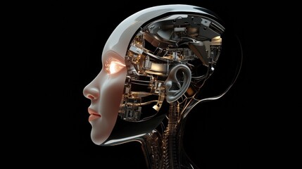 Leinwandbilder - Side profile of a futuristic human head showcasing intricate mechanical structures and a glowing robotic eye. Generative AI