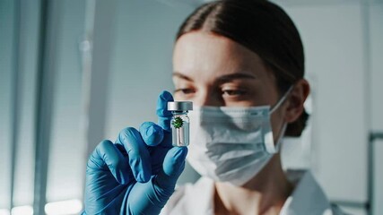 Poster - Professional female researcher wearing protective gear examining coronavirus vaccine vial in modern laboratory, representing medical breakthrough during pandemic research