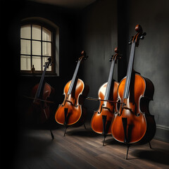 Aged Cellos: Rustic Elegance in a Dark Studio