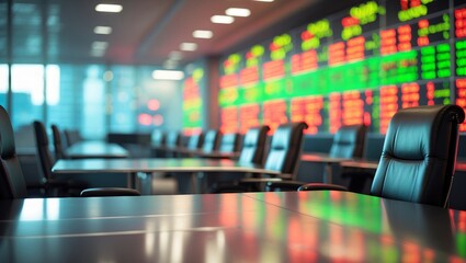 Poster - Trading floor with empty chairs and electronic stock displays during market hours in a modern financial district