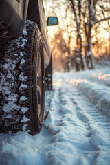 Poster - Tracks left by a car on a snowy forest road at sunset