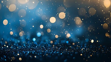Abstract blue background with golden glitter and bokeh lights 