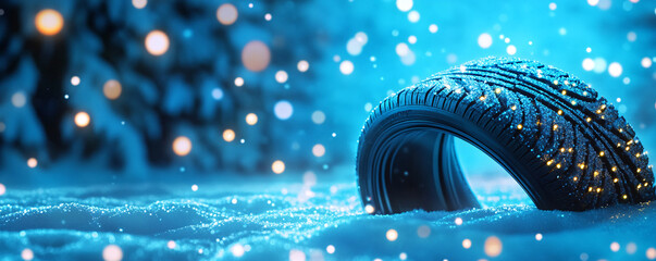 Aufkleber - Winter car tire standing on snow at night with falling snowflakes and bokeh lights in the background, safe driving concept