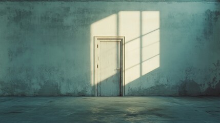 Fototapete - A room with a rough-textured wall silently invites exploration through an open door, while soft sunlight casts enchanting shadows on the floor, creating a tranquil atmosphere.