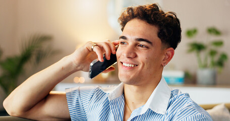 Aufkleber - Phone call, happy and man on sofa in home with communication, networking or connection. Technology, contact and male person relaxing in living room on mobile conversation for catch up in apartment.