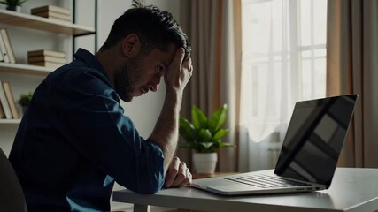 Poster - Businessman experiencing intense workplace stress, gripping head while working on laptop in home office, revealing mental exhaustion and professional pressure through slow motion sequence