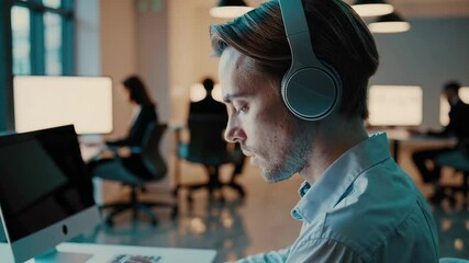 Poster - Office worker wearing headphones working on a laptop, struggling with stress and burnout in a dimly lit office late at night, captured in slow motion