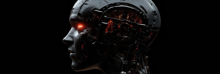 Leinwandbilder - Side profile of a human head featuring intricate mechanical structures and a glowing robotic eye in a futuristic aesthetic. Generative AI
