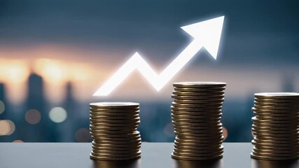 Poster - Slow motion footage presents increasing stacks of coins with a luminous upward arrow, symbolizing growing profit against the backdrop of a blurred cityscape at sunset