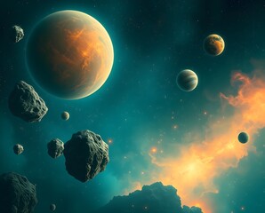 digital artwork depicts a vibrant and dynamic cosmic scene, featuring a cluster of asteroids and pla