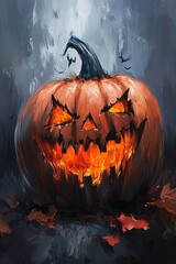 Aufkleber - Scary halloween pumpkin glowing in a dark forest at night