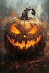 Aufkleber - Halloween pumpkin glowing with inner fire on dark background