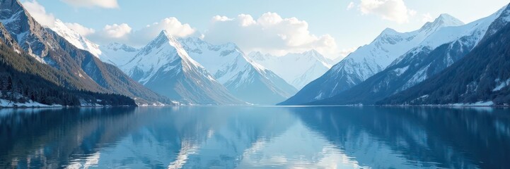  Serene lake with snow-covered mountains in the background, serene, lake