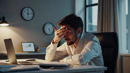 Poster - Professional businessman rubbing temples at office desk during late night, embodying extreme work related stress and mental exhaustion in slow motion