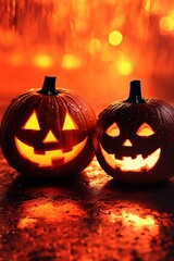 Aufkleber - Two carved pumpkins glowing on wet surface with red backdrop