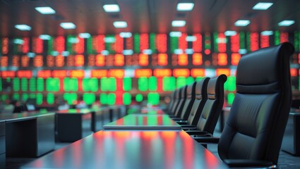 Poster - Trading floor with glowing screens displaying stock market data in a financial center during business hours