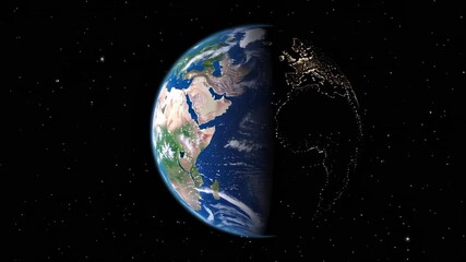 Aufkleber - Rotating planetary surface glowing with illuminated city lights, revealing nighttime landscape against dark cosmic background, showcasing global geographical perspective from space