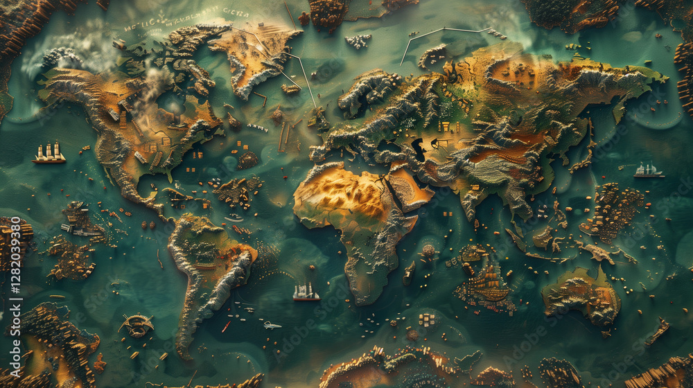 Continent Ridges Map topographic world map, showing terrain on different continents, relief ...