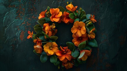 Wall Mural - A beautiful floral wreath made of vibrant orange flowers and green leaves on a dark background.