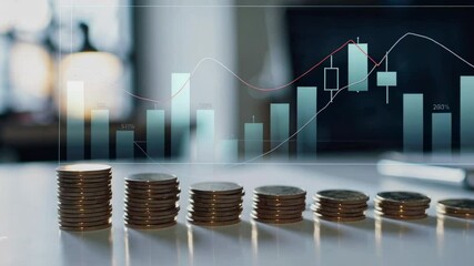 Poster - Finance concept showing increasing stacks of coins with a stock market chart in the background, symbolizing investment growth and financial success