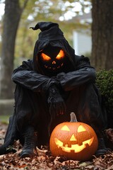 Aufkleber - Sinister figure wearing black cloak sitting with glowing jack o lantern