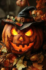 Aufkleber - Halloween pumpkin glowing with witch hat and autumn leaves decoration