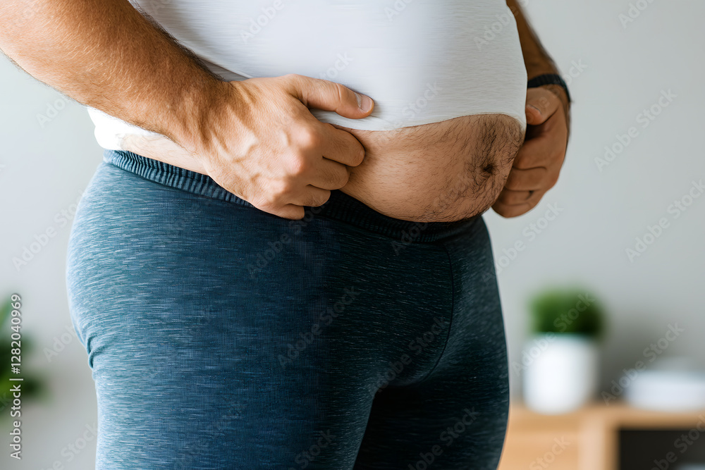 Midsection of a man pinching his stomach fat, wearing a white shirt and ...