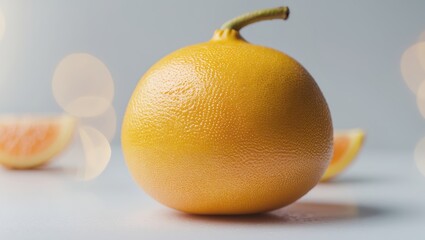 Poster - fresh yellow fruit resting on a surface with sliced pieces in the background during a well-lit setti