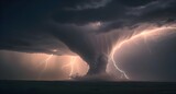dramatic and powerful tornado. Lightning thunderstorm flash over the night sky. Concept on topic weather, cataclysms (hurricane, Typhoon, tornado, storm). Stormy Landscape