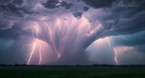 dramatic and powerful tornado. Lightning thunderstorm flash over the night sky. Concept on topic weather, cataclysms (hurricane, Typhoon, tornado, storm). Stormy Landscape