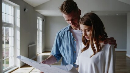 Poster - Joyful homeowner couple reviewing house blueprints, sharing moment of excitement and planning future living space in slow motion domestic setting
