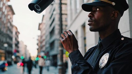 Poster - Security guard carefully adjusting surveillance camera, intently monitoring urban environment from strategic vantage point, ensuring public safety through vigilant professional observation