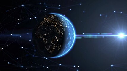 Aufkleber - Planet earth slowly rotates in space, showcasing network connections and a lens flare effect, creating a captivating visualization of global communication and technology