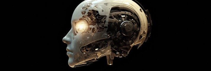 Leinwandbilder - Side profile view of a futuristic human head with glowing robotic eye and intricate mechanical structures. Generative AI