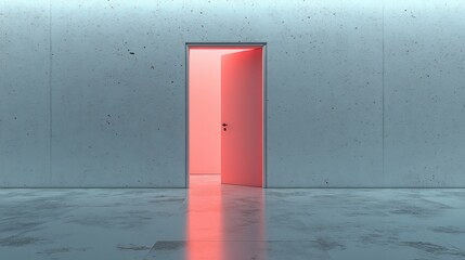 Fototapete - A doorway stands ajar, inviting curiosity as soft pink light spills into a minimalist room. The smooth concrete walls and polished floor enhance the tranquil atmosphere of this space.