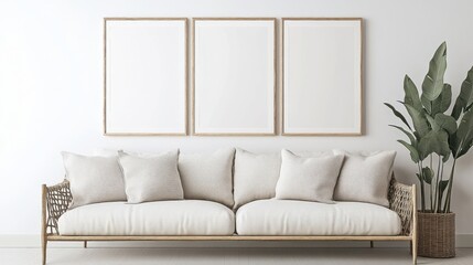 A minimalist living room with a white sofa, beige cushions, three blank frames on the wall, and two potted plants in wicker baskets on either side