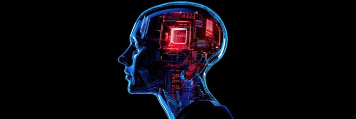 Leinwandbilder - Futuristic side profile showcasing human head with cybernetic implants and glowing robotic eye revealing mechanical structures inside. Generative AI