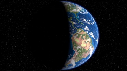 Aufkleber - Rotating planetary globe spinning slowly against starry cosmic background, revealing shadowed continents and illuminated oceanic surfaces within vast universal expanse