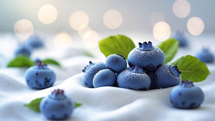 Poster - Fresh blueberries arranged on soft fabric with natural light and blurred background