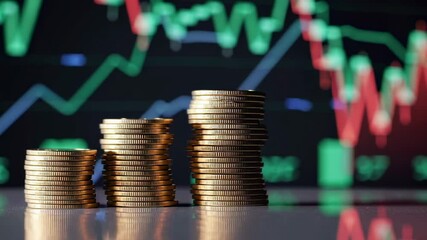 Aufkleber - Gold coins stacks are increasing their value over time, with a stock market charts in the background changing from green to red, indicating a fluctuating market