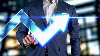 Fototapete - Confident businessman wearing professional suit touching glowing digital screen with rising arrow graph, representing corporate growth and financial success in slow motion sequence
