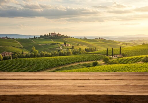 Photograph of a wooden table with a rustic texture, set against a scenic landscape with rolling green hills covered in vineyards and a partly cloudy sky.


