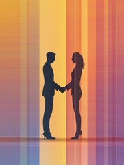 Aufkleber - Silhouettes of two individuals sealing a business agreement as abstract colors create a dynamic background. Generative AI