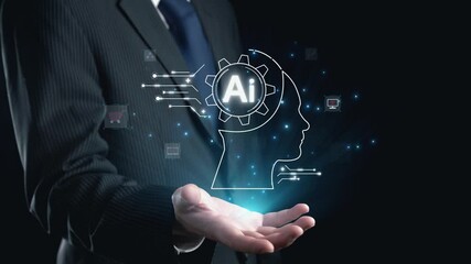Poster - human interact with ai artificial intelligence brain processor in concept of ai artificial intellige