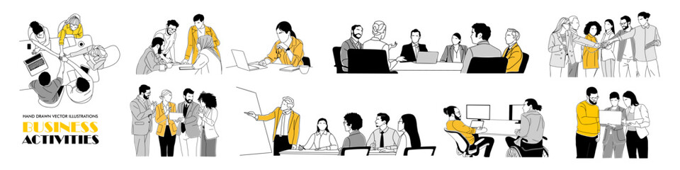Diverse business people taking part in business activities, meeting, conference, presentation, brainstorming, discussing. Multinational team members working together. Hand drawn outline vector.