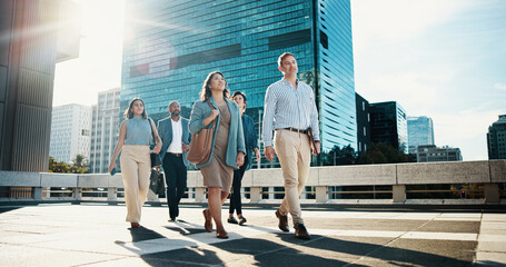 Poster - Corporate, walking and business people in city in discussion on morning commute, travel and journey. Professional, team of men and women in town talking for collaboration, meeting and career
