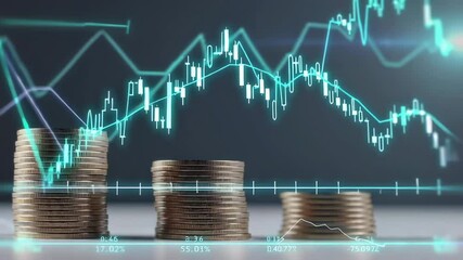 Poster - Coin stacks of various heights change over time, illustrating market volatility, with a dynamic stock market graph in slow motion as backdrop