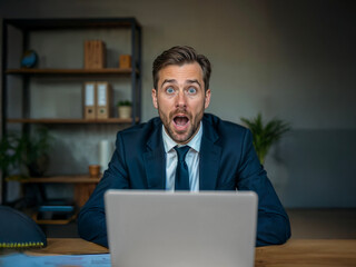 Wall Mural - A man working on a laptop has a look of amazement on his face