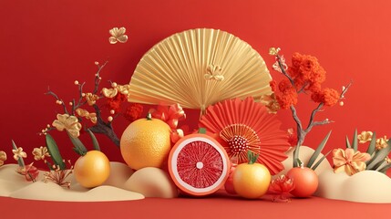 Wall Mural - Chinese new year background showing tangerines, flowers and a golden hand fan